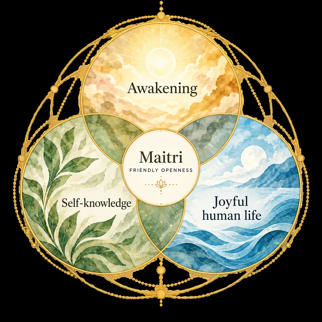 Three intersecting circles: awakening, self-knowledge, and joyful human life; Maitri at the center